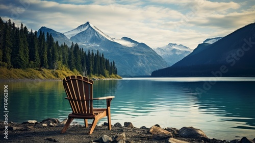 Chair on the shore of a serene lake with tall serene mountains in the background.