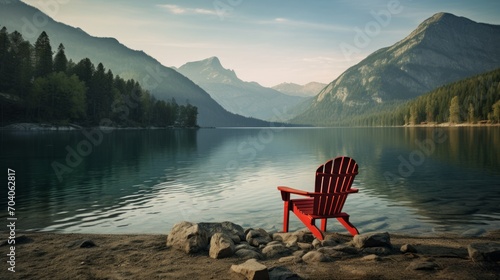 Red chair on the shore of a serene lake with tall serene mountains in the background. © ArtistryAlchemy