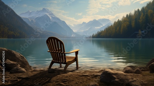 Chair on the shore of a serene lake with tall serene mountains in the background.