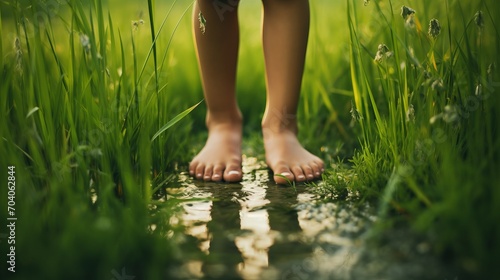 Child feet on green grass, barefoot little child on meadow, close up.