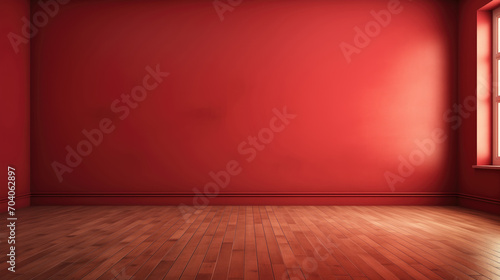 Empty minimalist red room with wooden floor and sunlight from the window. © Tida