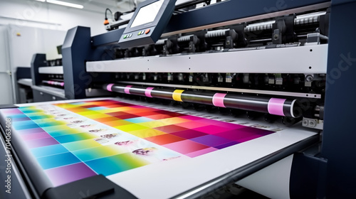 Modern printing press produces multi colored printouts accurately, AI Generative. photo