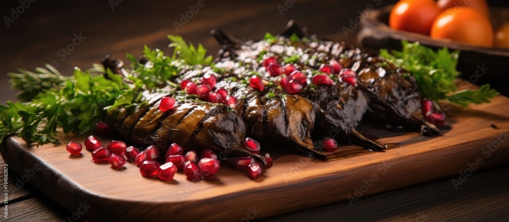 Grilled dolma on a wooden board with pomegranate.