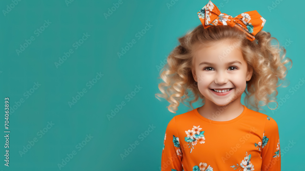 beautiful smiling little girl with headband and wavy hair on color background in studio, happy child, children's fashion, portrait, kid, childhood, stylish person, cute baby, hairband, emotional face beautiful smiling little girl with headband and wavy hair on color background in studio, happy child, children's fashion, portrait, kid, childhood, stylish person, cute baby, hairband, emotional face