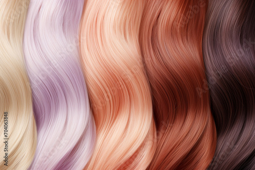 Beauty  fashion  make-up and hairstyle concept. Set of various dyed human hair colorful strands background with copy space. Macro close-up view