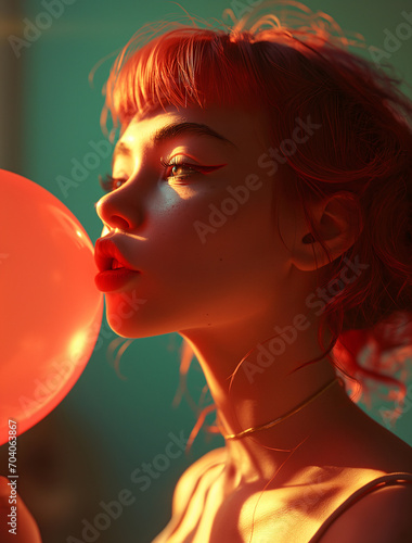 A woman blowing a balloon