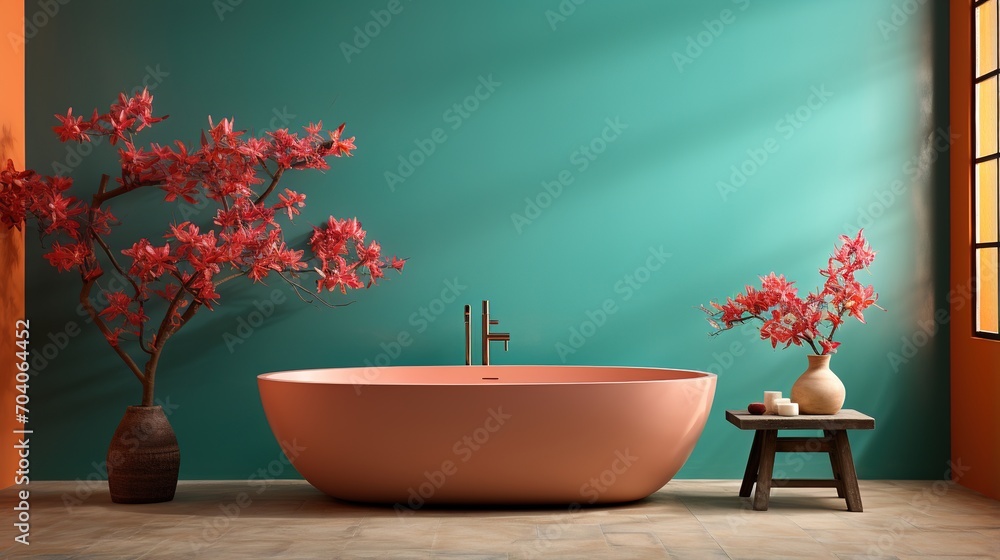 Bathroom with a pink bathtub and a green wall
