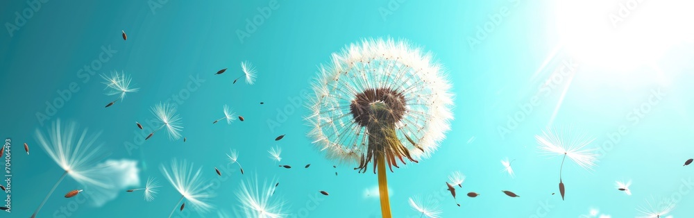 Fototapeta premium A dandelion with fluttering seeds in a windy sky.