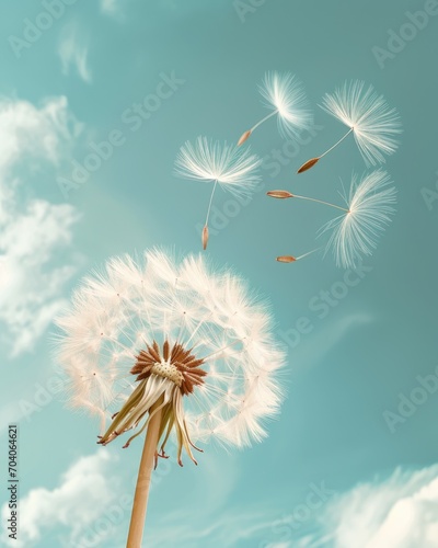 A windy sky dandelion with flying seeds