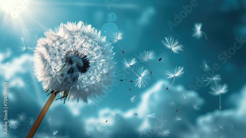 A windy sky dandelion with flying seeds