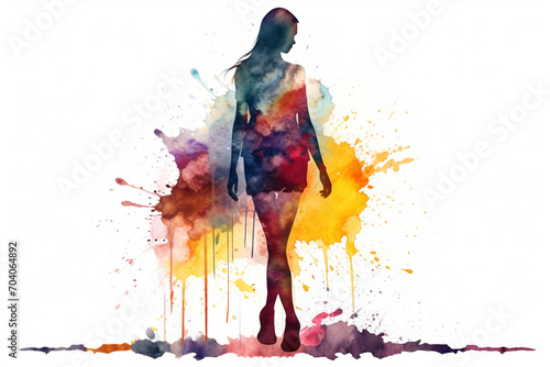 Beauty, fashion, make-up and art concept. Beautiful and young woman portrait drawing. Model drawing in colorful watercolors minimalist and abstract style on bright background