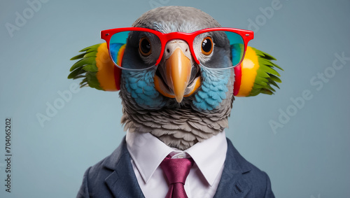Cute parrot wearing glasses and a business suit
