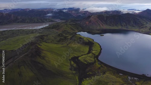 Drone shot of Ljotipollur volcanic crater at Landmannalaugar in the Fjallabak Nature Reserve, the Highlands of Iceland.  photo