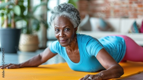 elderly woman in a bright sports uniform doing fitness in her room on a mat