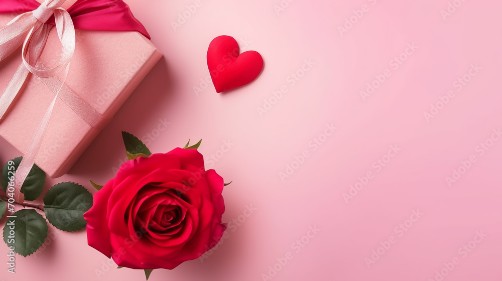 red rose and heart decoration on pastel pink background red rose and heart decoration on pastel pink background