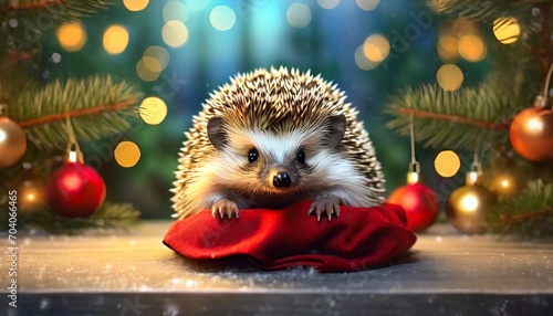 Fotografiet festive bristled critter adorable hedgehog celebrates the holidays as a baby ani