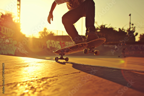 Skateboard jump down low angle wide shot, dynamic skateboard shot in golden hour 