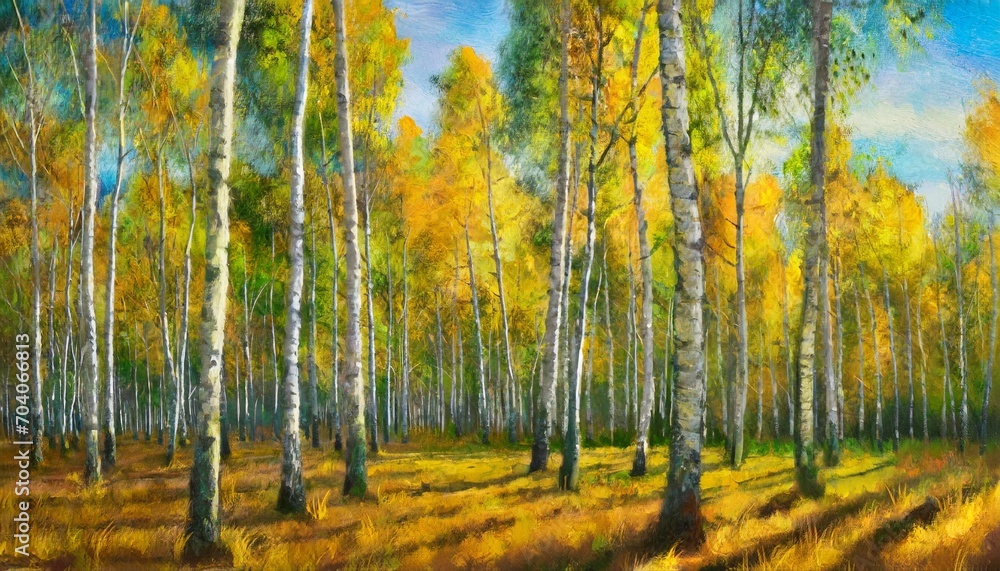 digital oil painting of birch grove in autumn landscape impasto printable square artwork
