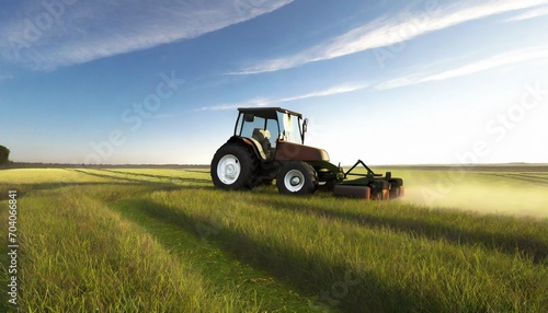 tractor mowing grass in meadow photo