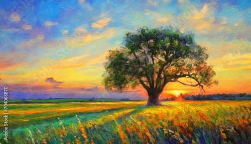 fantasy landscape with a big tree in the meadow at sunset digital oil painting impressionism impasto printable square wall art © Richard