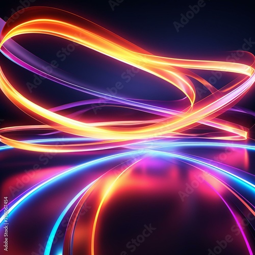 Vibrant neon abstract background with glowing fluorescent lines in a dark room  reflecting on the floor. Dynamic curvy ribbon  panoramic wallpaper  and digital energy transfer concept.