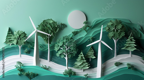 Papercut Windmills - renewable energy, ecologically sustainable, environment friendly. Generative AI