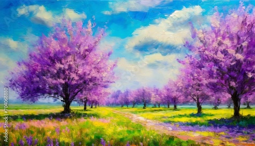 beautiful spring landscape with blooming purple trees digital oil painting impasto printable square wall art © RichieS