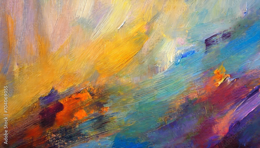 closeup of abstract rough colorful art painting texture with oil brushstroke pallet knife paint on canvas complementary colors