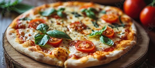 Italian style pizza made with cheese, tomatoes, and basil on a wooden surface.
