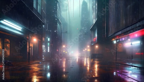 cyberpunk streets illustration futuristic city dystoptic artwork at night 4k wallpaper rain foggy moody empty future evil buildings photo