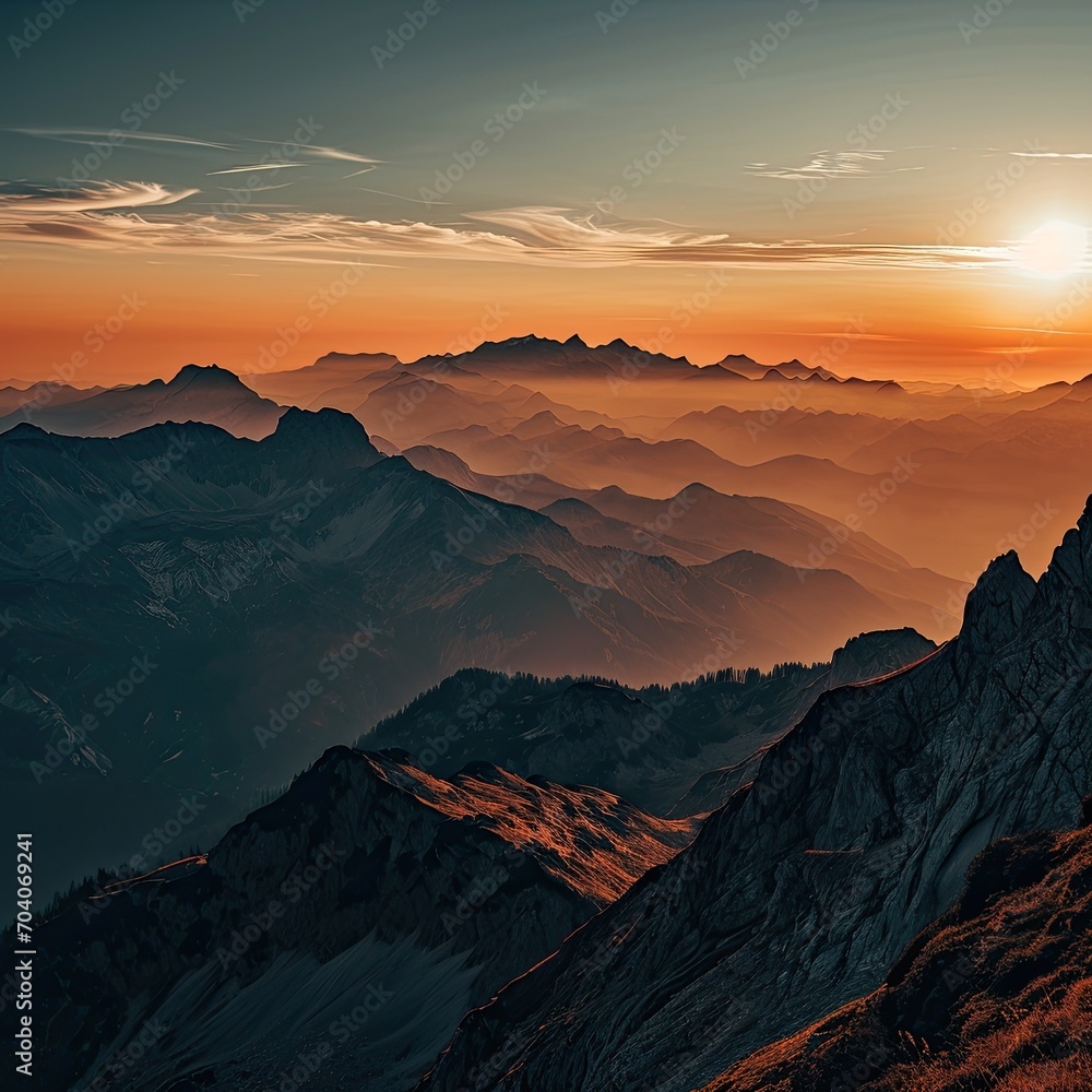 The sun is rising over a mountain range The sun is rising over a mountain range