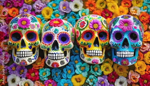 mexican skulls set dia de los muertos shugar colorful heads on background