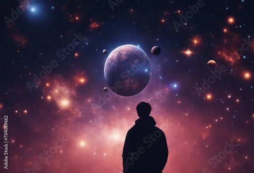 Abstract colorful cosmos background with a person Planets and galaxies sky and stars in universe
