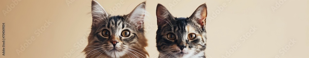 Fototapeta premium Two cats pose on a plain beige background