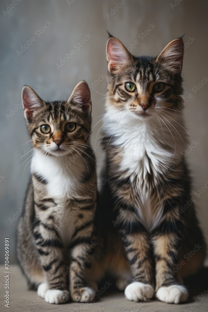 Two cats pose on a plain beige background