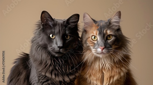 Two cats pose on a plain beige background