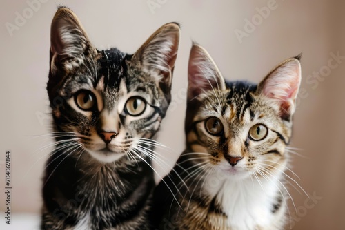 Two cats pose on a plain beige background