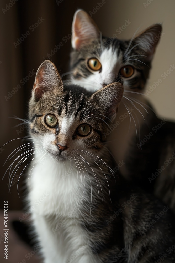 Two cats standing up against a simple beige background Two cats standing up against a simple beige background