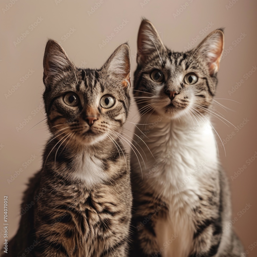 Two cats standing up against a simple beige background Two cats standing up against a simple beige background