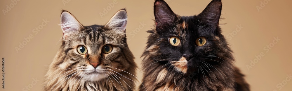 Two cats standing up against a simple beige background Two cats standing up against a simple beige background