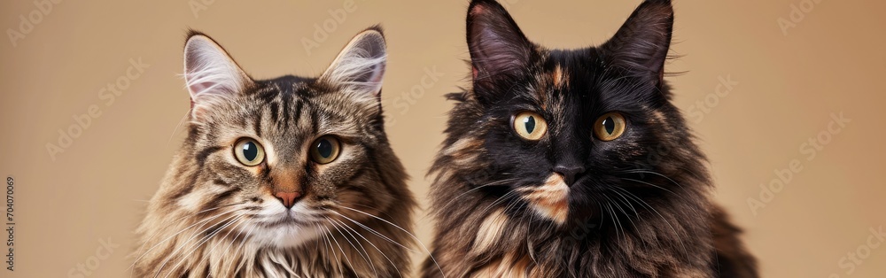 Two cats standing up against a simple beige background