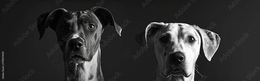 Two dogs pose against a plain background.