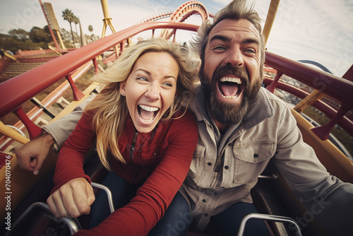 One adult couple have fun together riding rollercoaster in luna park during festive holiday or vacation. Youthful people enjoy and laugh a lot in thematic amusement park. Happiness leisure outdoor