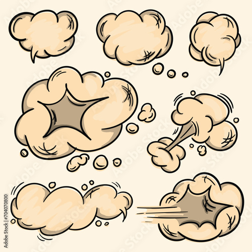 Set of vector illustrations for comic book. Objects, clouds, doodle shapes and shapes, hand drawn