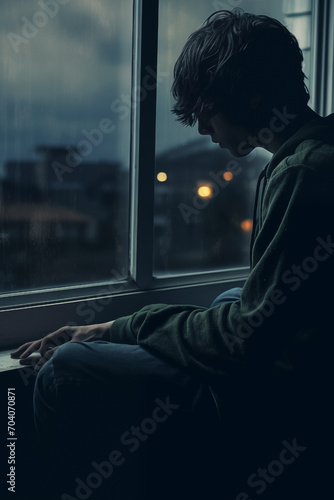 Young teenager adolescent depression and problems. One young boy sitting together at home near the window looking down with urban landscape in background outside. Teen issue loneliness bullying