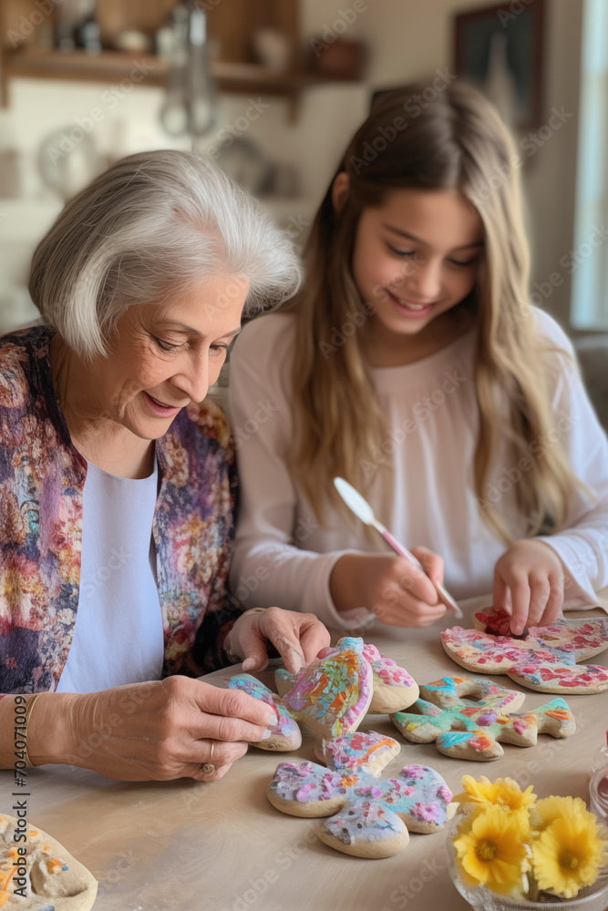 Fototapeta premium Grandmother and grandson females decorate together stones od cookies and enjoy time together in indoor leisure activity. Family house lifestyle people. Mixed ages and generations. Kitchen home work
