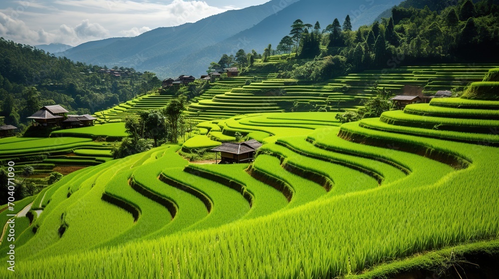expanse of green rice fields in the mountains