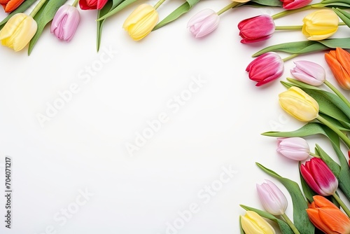 A border adorned with fresh spring tulips, for additional content. A beautiful frame of spring flowers,