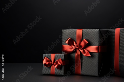 Black gift boxes with red bow on black background, Ai Generated