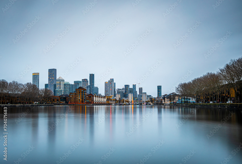 View of skyscrapers in London city as seen from Surrey docks, England